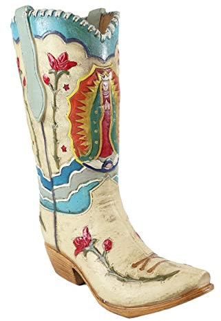 Ebros Gift Rustikaler Western-Cowboy-Stiefel aus Kunstleder mit Lady Madonna Guadalupe und Rosen Kunstwerk dekorative Figur oder Blumenvase Pflanzgefäß Tischregal Arbeitsplatte Akzent
