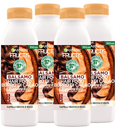 Garnier Fructis Hair Food Balsamo Rigenera Ricci con Burro di Cacao per Capelli Secchi - 4 Flaconi da 350ml ognuno