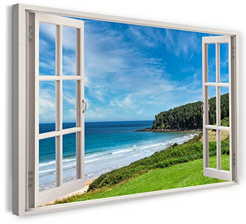 Bilder Fensterblick 120x80cm Baumwoll-Leinwand auf Keilrahmen mit Aufhänger moderner Kunstdruck XXL Wandbilder Wand-Dekoration Meer Insel Strand Wald - Natur-Fotografie