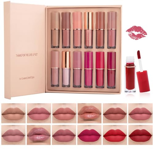 Lishang 12 Pezzi Set Lucidalabbra Liquido Rossetto Lunga Durata Tinta Labbra Lip Gloss Kit Rossetti Matte Opaco Labbra Rosso Brillantini Trousse Trucchi Bellezza Cofanetto Donna Ragazza Regalo