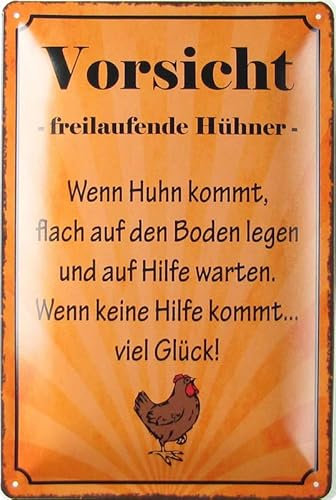 mrdeco Metall Schild 20x30cm gewölbt Vorsicht freilaufende Hühner Deko Blechschild Tin Sign