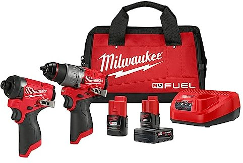 Milwaukee M12 FUEL 12V Lithium-Ion Brushless Impact Driver and Cordless Hammer Drill Combo Kit with Batteries and Bag (2 Tools)