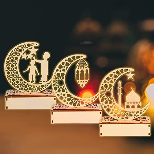 IWTBNOA Holz Eid Mubarak Tischdekoration, 3 Stück Ramadan Holz Lichter Dekoation, Mubarak Ramadan Led Diy Lampen, Ramadan Mond Nachtlicht für Zuhause, Büro, Ramadan Dekoration, Eid Mubarak Geschenke