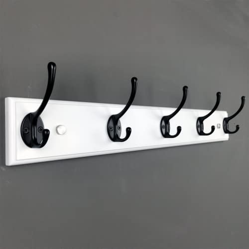 lomejii Porte-manteau mural en bois avec 5 crochets, 55 cm, solide pour manteau, chapeau, sac, grande barre de vestiaire moderne pour entrée, couloir, chambre à coucher, penderie blanche