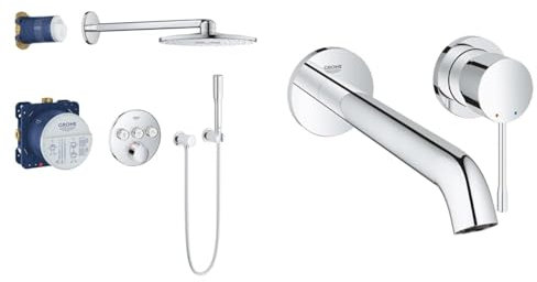 GROHE SmartControl Mixer - Duschsystem mit Mischer und Rainshower, rund, chrom, 34709000 & Essence New - 2-Loch-Waschtischarmatur, L-size, chrom, 19967001