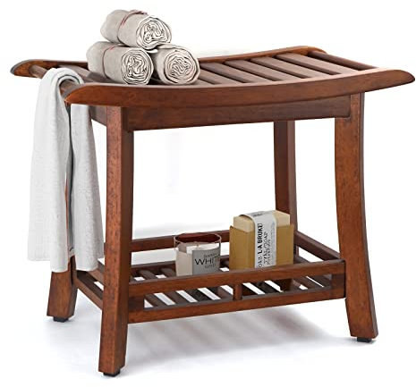 RANDEFURN 24“ Teak Shower Bench with Shelf,Teak Wood Shower Stool,Waterproof Wood Shower Chair for Elderly,2-Tier Wooden Shower Seat Spa Stool for Indoor and Outdoor Use.(24 x 13.4 x 18.3in, Brown) Y