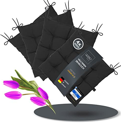 LILENO HOME 4er Set Stuhlkissen 33 Schwarz (40x40x6 cm) - Sitzkissen für Garten, Küche oder Esszimmer - UV-beständige Indoor u. Outdoor Stuhlauflage als Stuhl-Kissen (Linda FUM)
