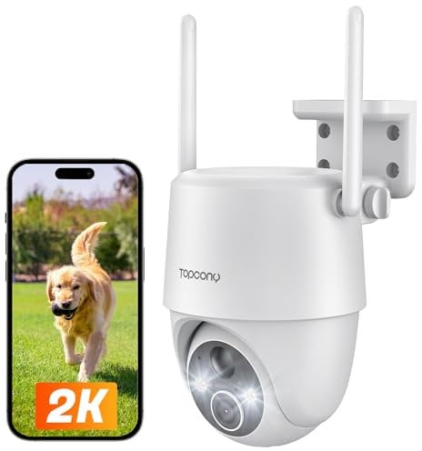 Topcony 2K 360° PTZ Battery Wireless Security Camera Outdoor Color Night Vision, Rechargeable Wi-Fi CCTV Systems, Siren Light, 2-Way Audio, AI Motion Detection, SD/Cloud, Alexa/Smartwatch, White