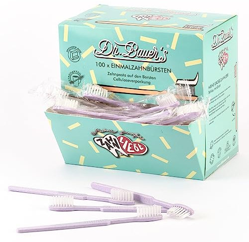 Dr. Bauer's Einmalzahnbürsten mit Zahnpasta - 100er Pack - Nachhaltige Einwegzahnbürste Ideal für Reisen, Zahnärzte, Hotels - umweltfreundlich mit Strohanteil in praktischer Spenderbox (violett)