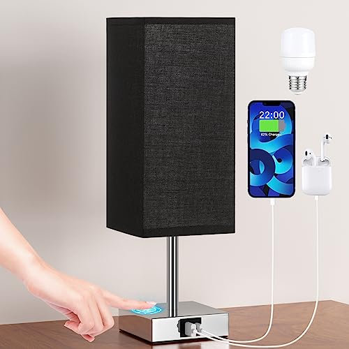 Aooshine Bedside Lamp, Touch Control Table Lamp with USB A+C Charging Ports, Touch Lamps Bedside with 3 Way Dimmable, Table Lamps for Bedroom Living Room with Black Fabric Shade (LED Bulb Included)