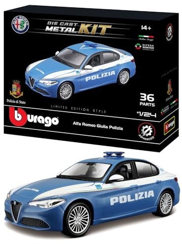 BBURAGO - Modellbausatz Giulia Polizia - Realistisches Automodell im Maßstab 1:24, Offizieller Polizeischein und Alfa Romeo, Altersempfehlung ab 14 Jahren