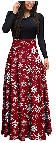 Weihnachtskleid Damen Lang, Kleid Weihnachten Damen Langarm,Weihnachts Kleider Damen Maxikleid mit Weihnachtsmotiv High Waist Elegant Lange Weihnachtskleider Partykleid Abendkleider für Frauen
