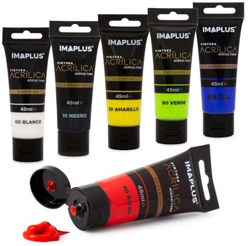 IMAPLUS Pintura Acrílica 6 x 45 ml - Pack pinturas, 45 Colores, 6 Tubos o botes de Pintura, No Tóxica, para Manualidades, Lienzos, Tela, Madera - Pack Básicos