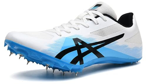 NGARY Herren Leichtathletikschuhe with 8 Spikes Track & Field Schuhe Trainingswettbewerb Weitsprungschuhe Junior Sprint Für Jugendliche, Jungen Und Mädchen,White Blue,39 EU