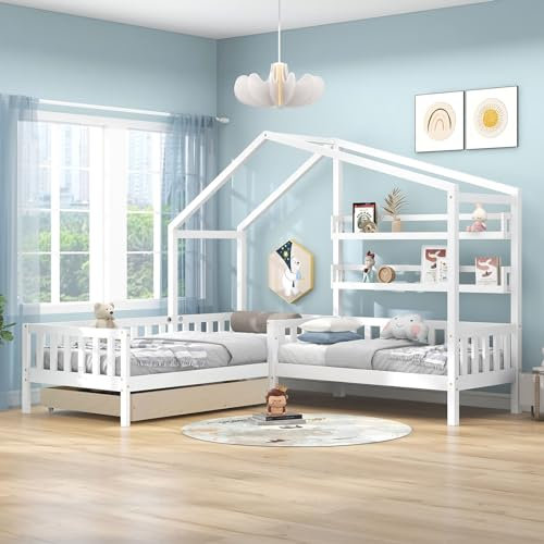 Daesar Hausbett für 2 Kinder, Kinderbett mit Schubladen und Regalen, Massivholzbett mit Zaun und Lattenrost, L-Struktur, Weiß (90X200CM+140X70cm)