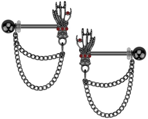 beyoutifulthings Paar Brustwarzen-piercings Skelett-Hand Schwarz Rot Ketten-Anhänger Brust-piercing Nippel-piercing Chirurgenstahl Stab 12-mm