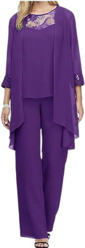 Vagbalena Camicia da Donna in Chiffon a Tre Pezzi Set di Abiti da Sera in Tulle Set di Pantaloni da Festa per Cocktail Set Elegante Abito Vintage a Tre Pezzi (Viola,XXL)