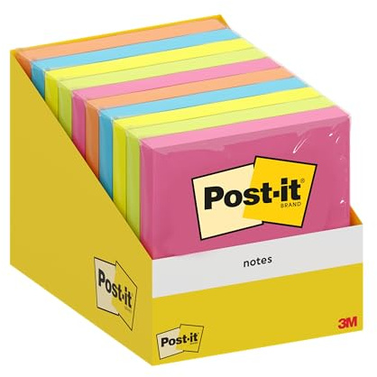 Post-it Notes, 100 Blatt, 76 mm x 76 mm, Blau, Grün, Orange, Pink, Gelb | Selbstklebende Haftnotizen, Praktische Klebezettel für Bürobedarf, Meetings, Erinnerungen, To-Do-Listen und zum Organisieren