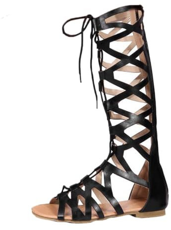ticticlily Damen Knieshohe Ledersandalen Flache Gladiator Sandalen mit Offenen Zehen Hochwertige Sommerschuhe zum Binden für Frauen E Schwarz 40 EU