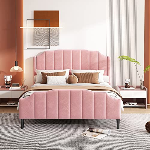 Letto imbottito con testiera, poggiapiedi e rete a doghe in velluto, letto matrimoniale imbottito per ragazzi e ragazzi, 140 x 200 cm (rosa)