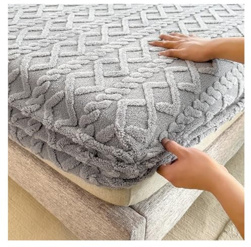 LPHFDCS Drap-Housse Peluche Housse de lit Jacquard 3D en Velours gaufré, Housse de Matelas, Drap-Housse Chaud d'hiver, protège-Matelas épais Drap Housse Hiver(Gray,80x200x30cm)