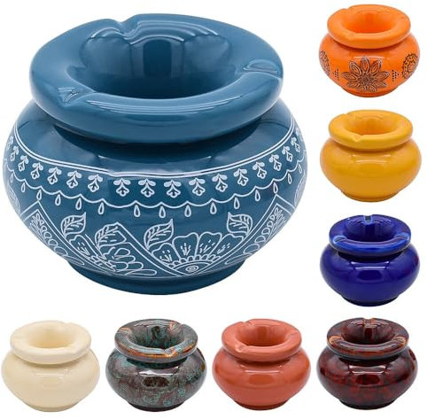 Murago - Aschenbecher Keramik Moroccan - Blau mit Mustern weiß - für draussen mit Deckel Outdoor rund Tischaschenbecher Garten Balkon Ascher Windaschenbecher