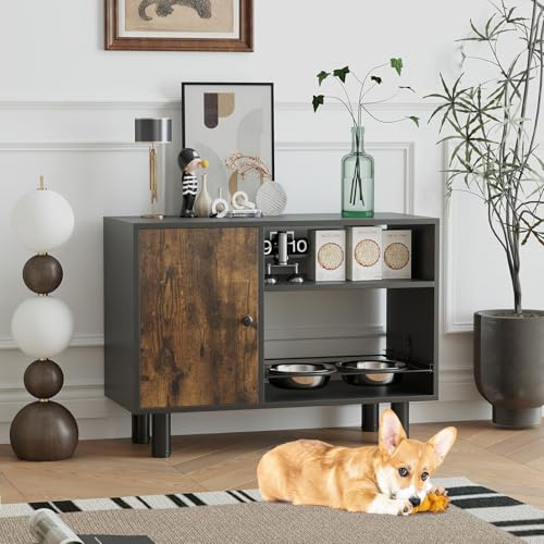 COSTWAY Hunde Futterschrank mit 2 Edelstahlnäpfen, Ausziehbare & höhenverstellbare Futterstation, Hundefutter mit Regal & Tür, Aufbewahrungsschrank für Haustier Katzen, Schrank aus Metall Holz, Braun
