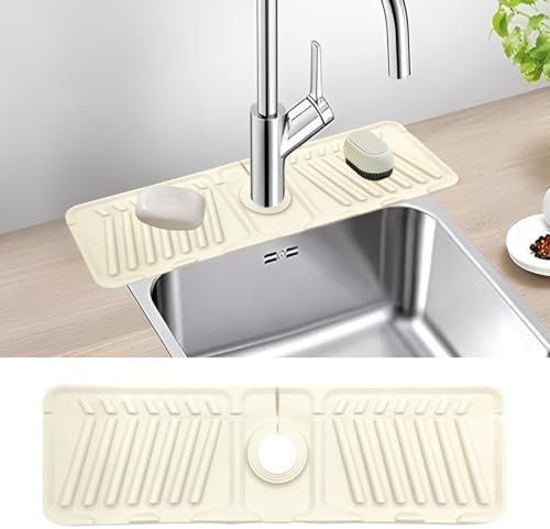 Silicone Sink Faucet Mat for Kitchen, Sink Splash Guard Drying Tap Mat Draining Pad, Faucet Handle Drip Catcher Tray for Kitchen Bathroom Counter (White)
