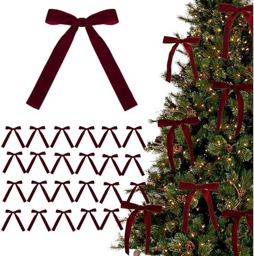 12/24 Stück Rote Schleifen Samt Christbaum 2024 Adventskalender Weihnachtsbaum Schleifen Weihnachtsbaumschmuck für Christbaumschmuck, Kranz, Girlande Samtschleifen (Wein x 24 Stück)