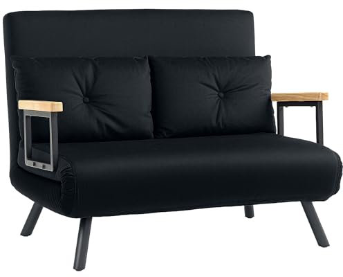 HOMCOM 2 Seater Sofa Bed, Click Clack Convertible Bed Settee, Modern Velvet Feel Fabric Sofa Couch with 2 Tufted Cushions, Wood Armrests for Living Room, Bedroom, Guest Room, Black