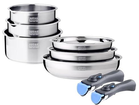 Arthur Martin, Ensemble de Cuisine 8 pièces en Acier Inoxydable - 3 Poêles (20-24-26 cm), 3 Casseroles (16-18-20 cm), 2 Poignées Amovibles, Tous Feux Induction, Intérieur Satiné, Graduation Intérieure