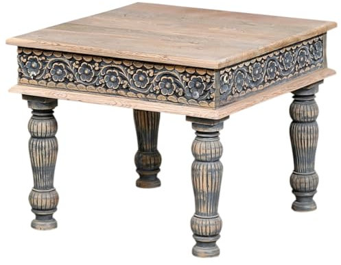 Marrakesch Vintage Couchtisch Abelone 60x60 cm aus Teakholz massiv | Wohnzimmertisch Beistelltisch handgeschnitzt im orientalischen Stil | Massiver Holz Sofatisch mit kunstvollen Verzierungen