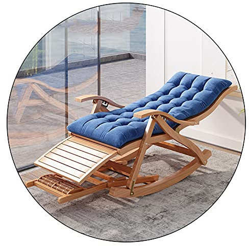 METTEOR Klappbarer Schaukelstuhl aus Bambus für den Garten, mit abnehmbarem blauem Baumwollkissen und ausziehbarem Fußteil, Verstellbarer Lazy Chair, Tragkraft 200 kg