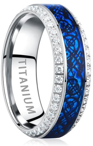 TUNGSTORY Herren Ring mit Gravur – Titan, 8 mm, Rot, Blau oder Grün mit schwarzem Drachenmuster, Facettenkante & Zirkonia