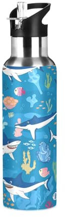 Sevdomey Cartoon Sharks Water Bottle with Straw Lid 20 oz,Stainless Steel Vacuum Insulated Water Bottle for Sports Cycling Hiking Gym School Home