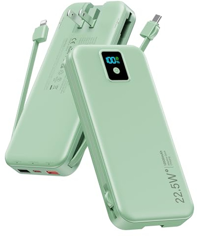 Portable Power Bank, 12000mAh 22.5W Fast Charging Phone Charger with Built-in Cables & Wall Plug, Travel Essential Battery Pack with LED Display, USB C Battery Charging Bank for iPhone, Samsung Green