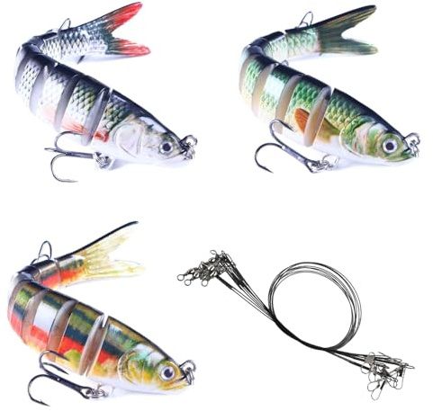 3Pcs Multi Jointed 3D Lifelike Fishing Swimbaits Lures with 9Pcs Black Steel Wire Leaders, Artificial Sinking Hard Lures for Bass, Pike, and Predatory Fish ﻿