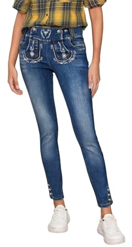 EQWIGKEIT Trachtenjeans Damen 7/8 Vintage Damenjeans Mit Bayrischen Trachtenstickerei Trachtenmode Denim Hose Oktoberfest Trachtenhose Hohe Taille Jeans Stretch Jeanshose