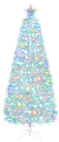 Uten artificiale Albero di Natale bianco 180 cm in fibra ottica, 220 punte, luci LED 7 colori, rami in PVC ignifugo, base in metallo, decorazione interna