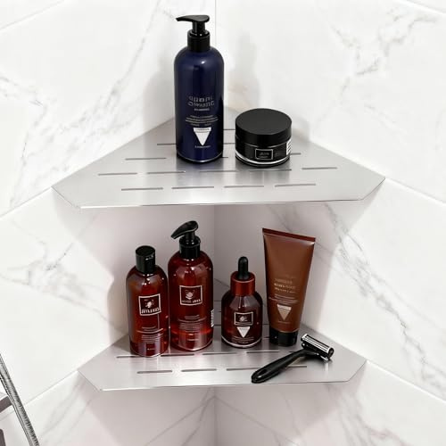 VYRASSIUM Corner Shower Shelf, 10 Brushed 304 Stainless Steel Slot Design Recessed Shower Shelves Corner Shelves Bathroom Grout in Shelf for Tiled Wall