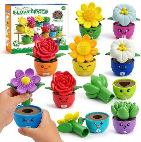 Meemazi Flower Garden Toddler Toys, Kids Gardening Building Toy, Color Shape Sorting & Matching Game, Montessori Stacking Sensory Learning Toys, 2 Year Old Girl Birthday Gift