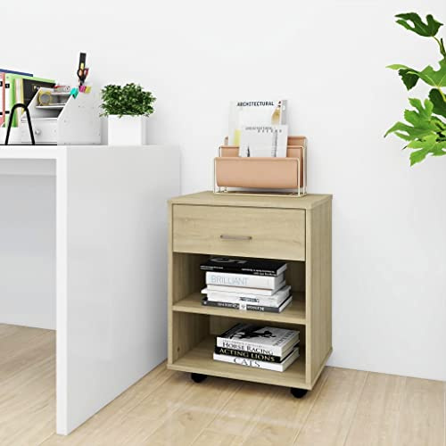 Yisssmeng Rolling Storage Cabinet 46x36x59 cm Sonoma Oak Wood Particle Board Mobile Organizer for Home Office Bedroom Dorm Compact Freestanding, Easy Assembly