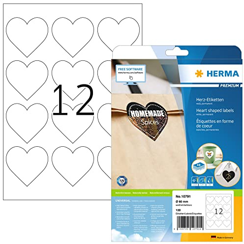 HERMA 10791 Herz Etiketten, 3840 Stück, Ø 60 mm, 12 pro A4 Bogen, selbstklebend, bedruckbar, matt, blanko Papier Klebeetiketten Aufkleber in Herzform, weiß