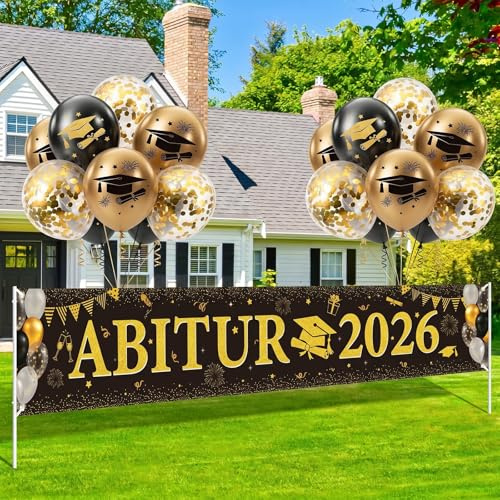 Afritee Abitur 2026 Banner Luftballon Deko, Schwarz Gold Abi 2026 Banner Ballons, Abschlussfeier Graduierung Graduation Party Dekoration (50 X 300cm)