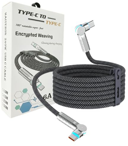 StreamSafe 240W USB C to USB C Charger Cable 3M, Rotating Braided Cord | 3M long braided USB C to USB C fast charging cable with 180 degree rotating heads, LED tips, PD 3.1 and 480Mbps sync