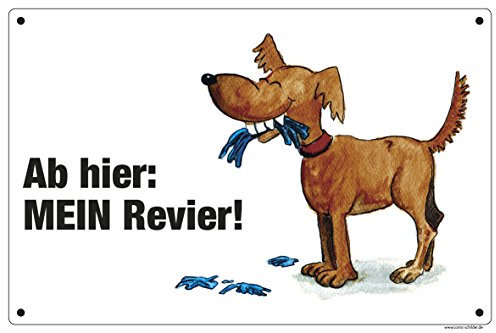 Comic-Schilder.de - Schild 'Ab hier - mein Revier' Hund braun, 300 x 200 mm, Alu-Dibond, Comic, Braun, Rechteckig, Wandmontage