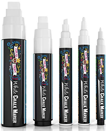 Chalky Crown - Kreidestifte für Tafel Abwaschbar - 5 Weiße Kreidemarker - Ungiftige Flüssigkreide-Marker für Fenster, Glas - 1, 3, 6, 10, 15 mm Spitzen