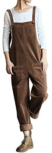 Womens Casual Corduroy Jumpsuit Retro Sleeveless Bib Overalls Dungarees with Pockets (Coffee, L)