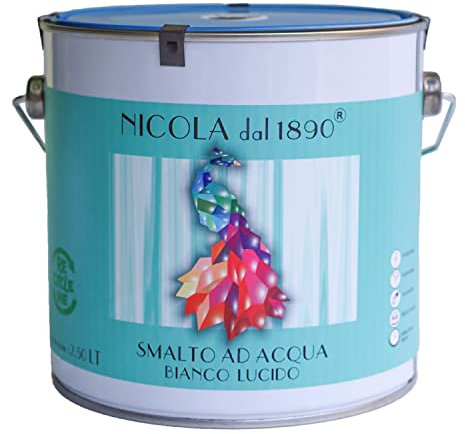 NICOLA VERNICI Smalto Acrilico a Base di Acqua, Per Interni ed Esterni, Made in Italy, Bianco Lucido - Formato 2,5 lt