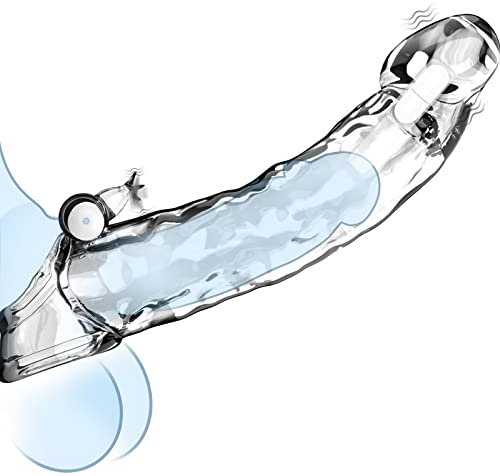 Defomy transparenter Penis Sleeve für Männer mit dual minivibrator, Penishülle mit Klitoris-Stimulation, Äderung und Eichel, Hodenmanschette, Erektionssteigerung zum Einsetzen, Verzögerung Ejakulation
